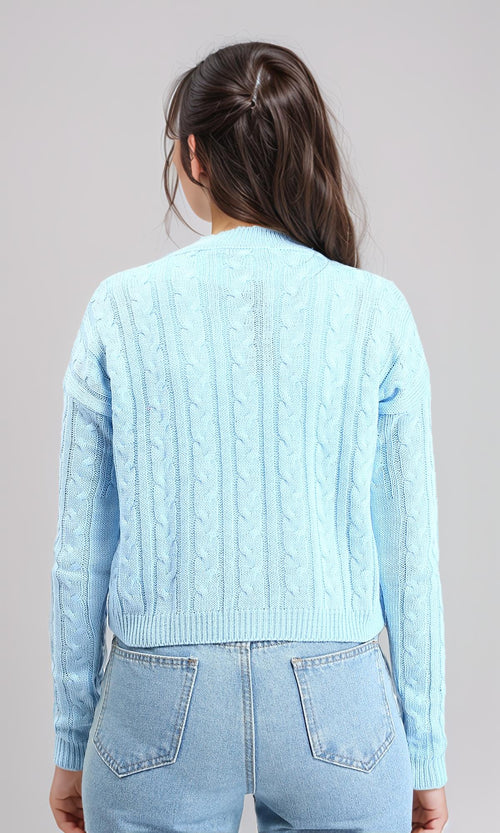 R212632 - Ribbed Round Neck Braided Pullover - Sky Blue