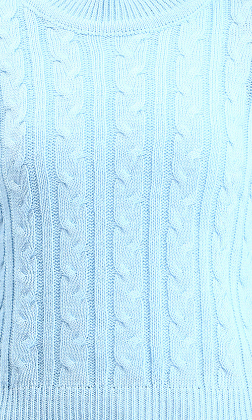 R212632 - Ribbed Round Neck Braided Pullover - Sky Blue
