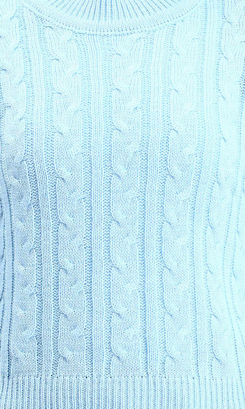 R212632 - Ribbed Round Neck Braided Pullover - Sky Blue