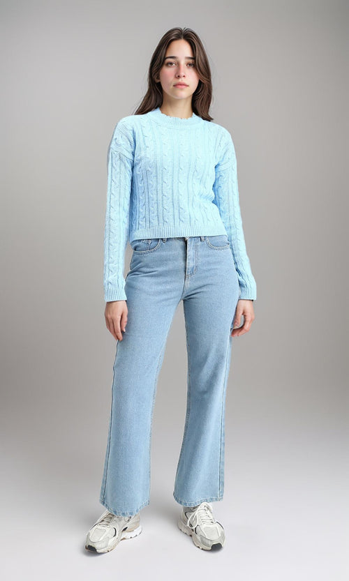 R212632 - Ribbed Round Neck Braided Pullover - Sky Blue