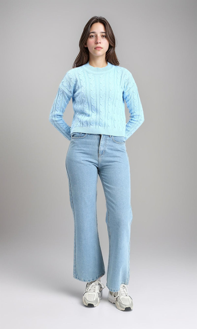 R212632 - Ribbed Round Neck Braided Pullover - Sky Blue