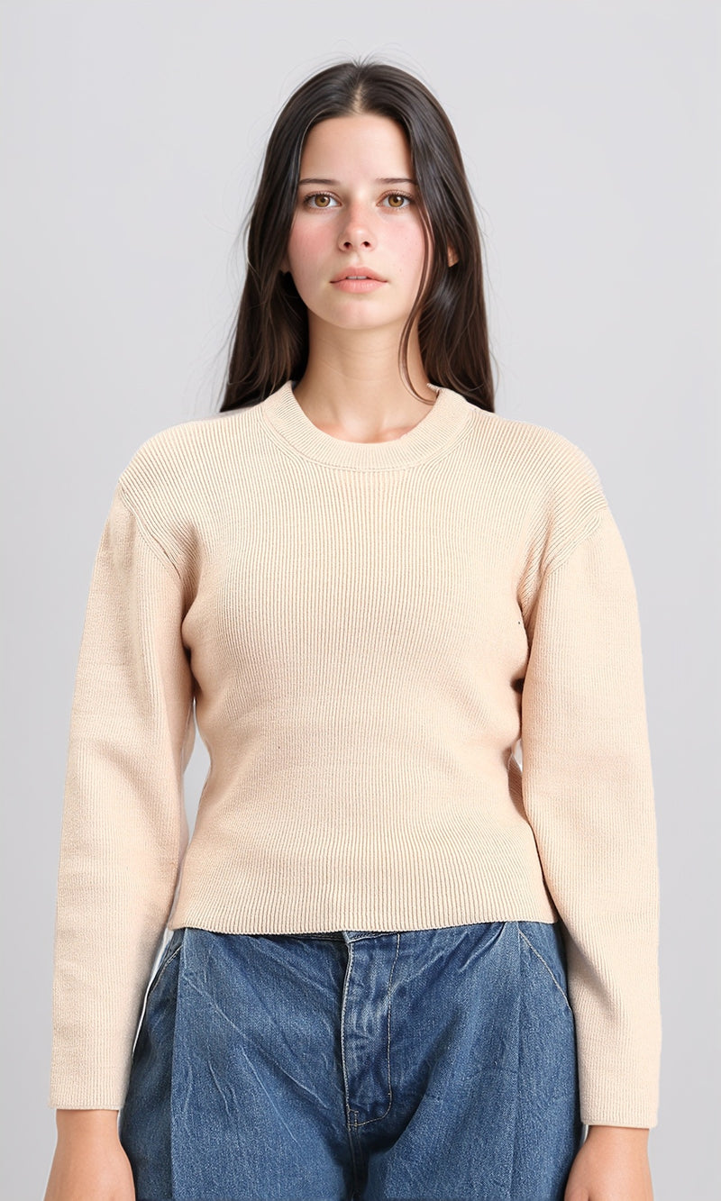 R212633 - Long Sleeves Round Neck Ribbed Pullover - Beige