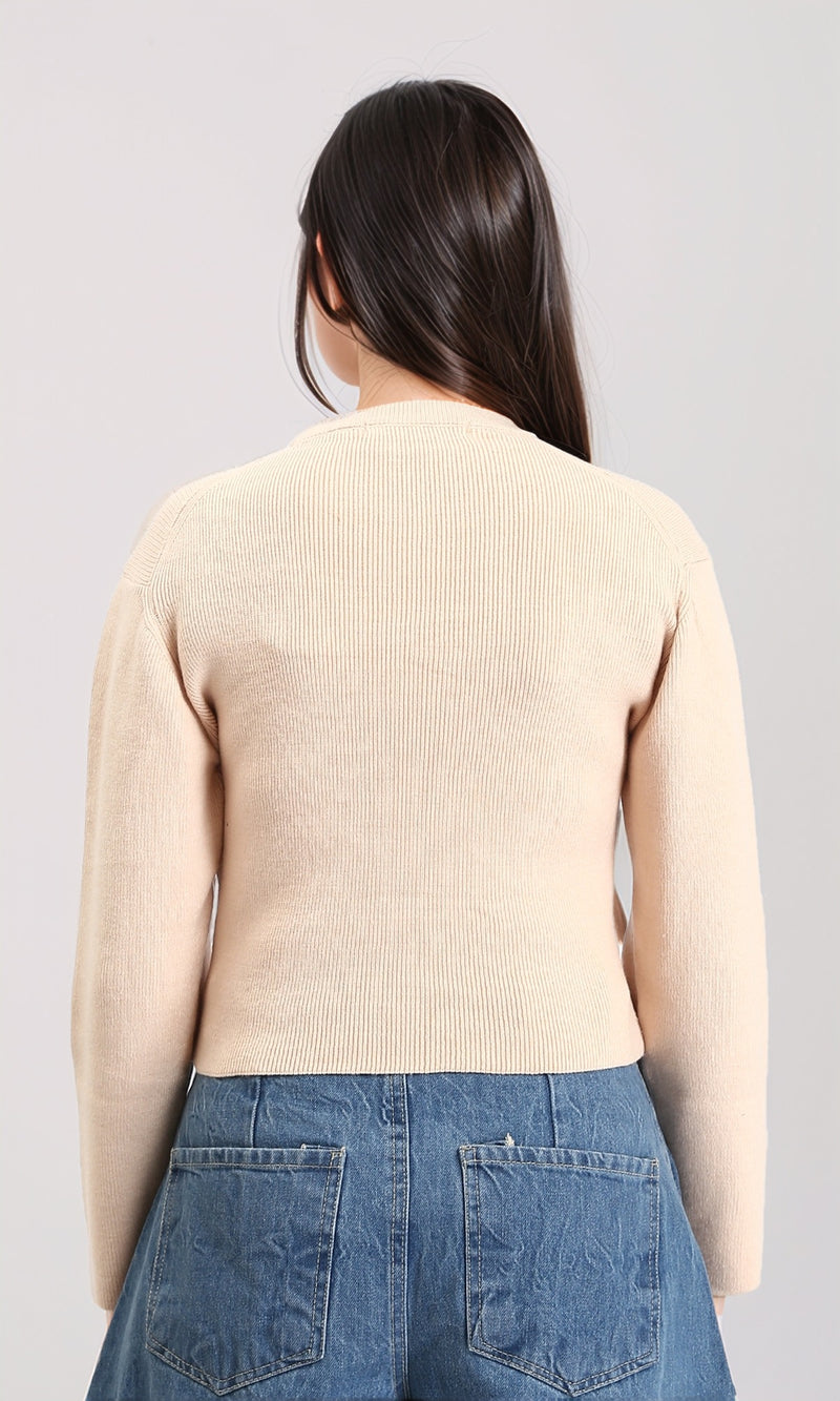R212633 - Long Sleeves Round Neck Ribbed Pullover - Beige