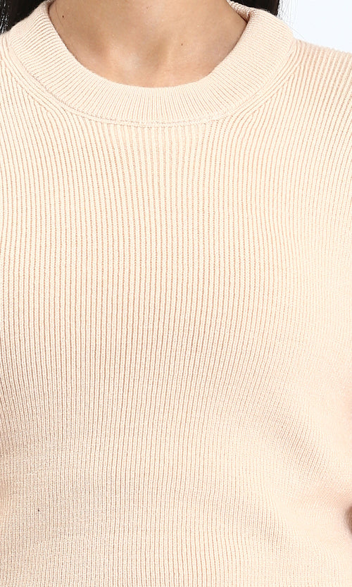 R212633 - Long Sleeves Round Neck Ribbed Pullover - Beige