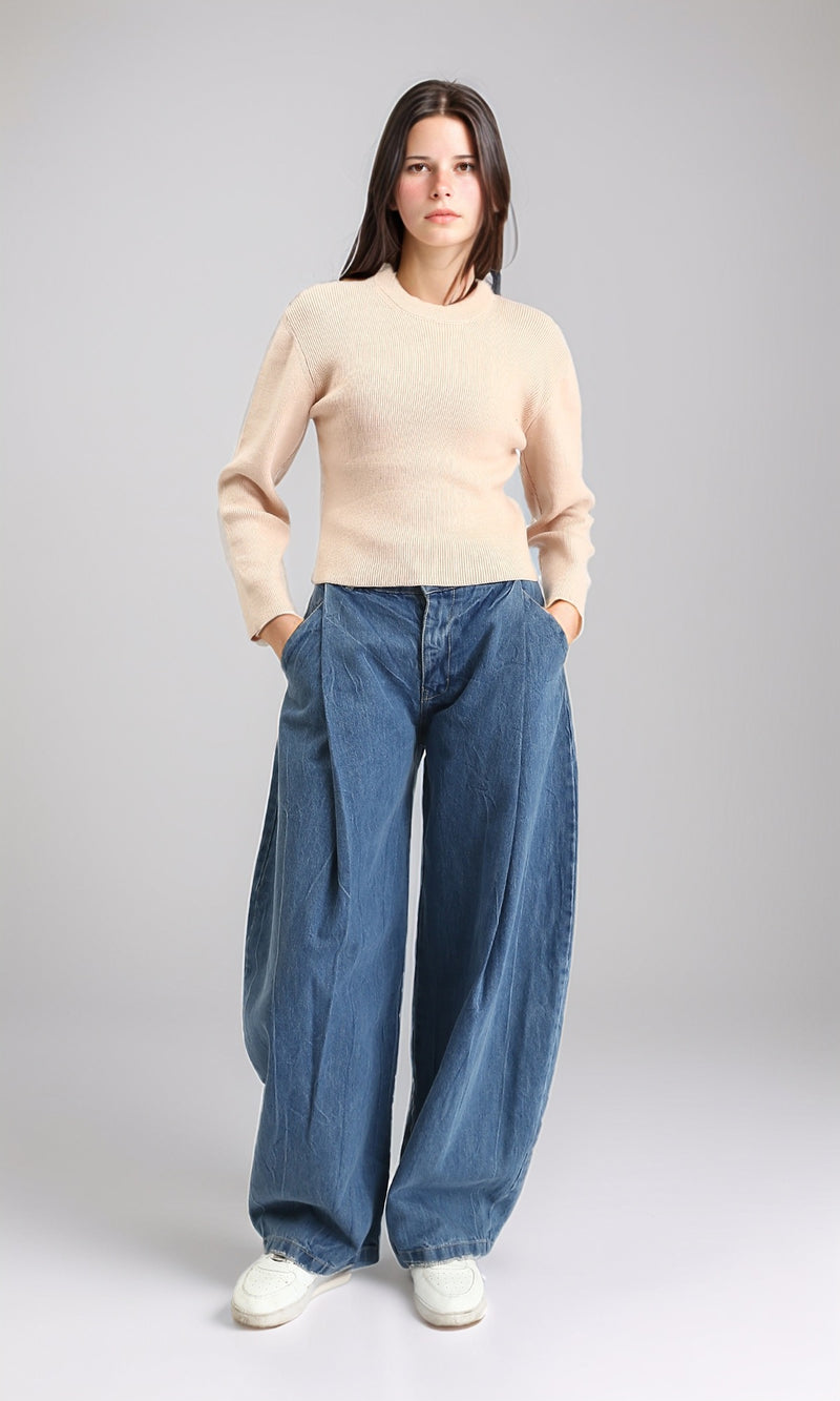 R212633 - Long Sleeves Round Neck Ribbed Pullover - Beige