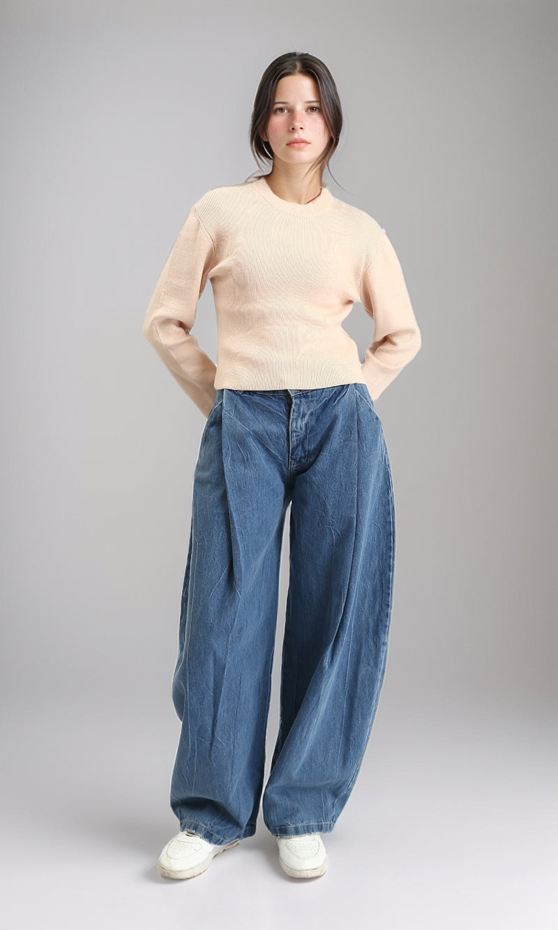 R212633 - Long Sleeves Round Neck Ribbed Pullover - Beige