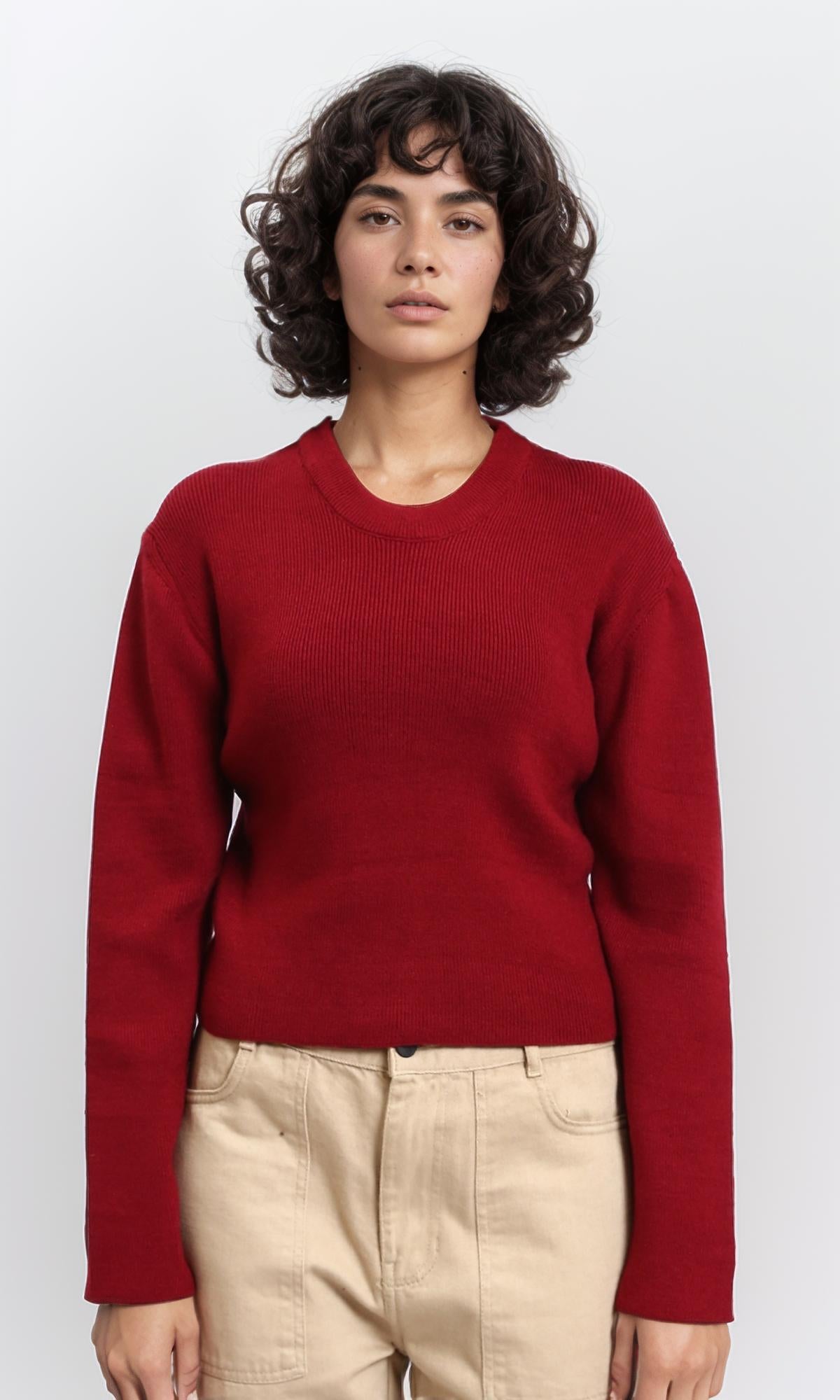 R212634 - Crew Neck Long Sleeves Ribbed Sweater - Dark Red