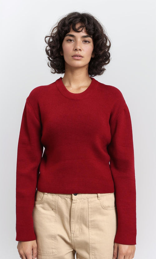 R212634 - Crew Neck Long Sleeves Ribbed Sweater - Dark Red