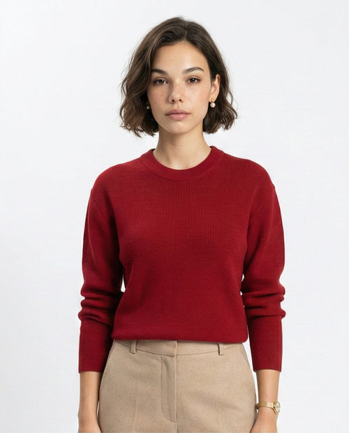 Crew Neck Long Sleeves Ribbed Sweater - Dark Red