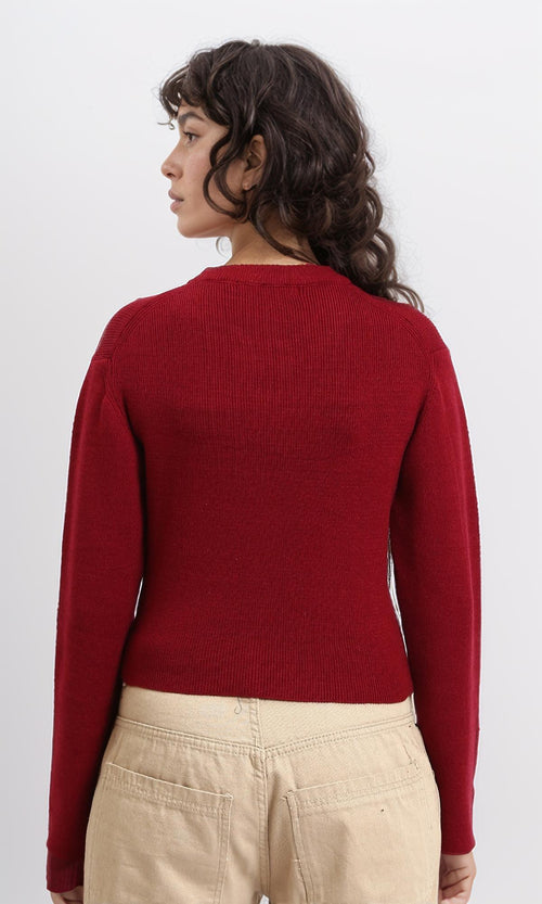 R212634 - Crew Neck Long Sleeves Ribbed Sweater - Dark Red