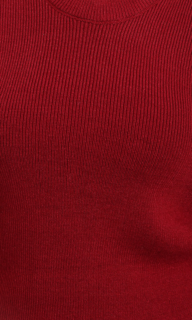 R212634 - Crew Neck Long Sleeves Ribbed Sweater - Dark Red