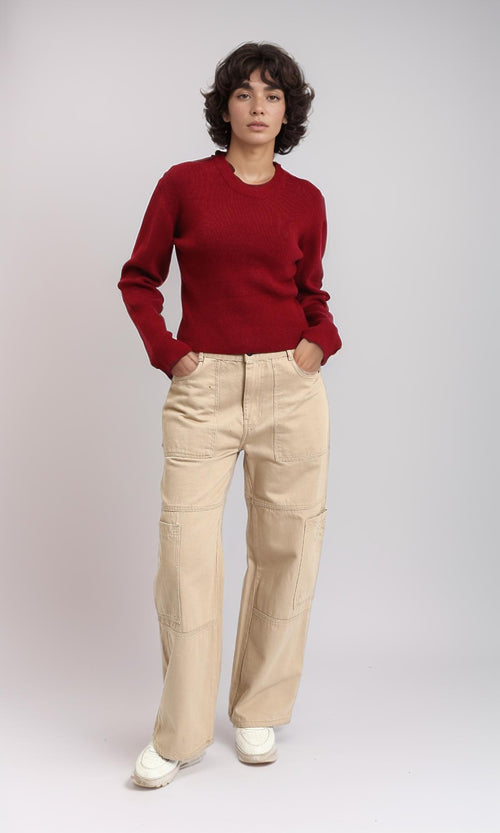 R212634 - Crew Neck Long Sleeves Ribbed Sweater - Dark Red