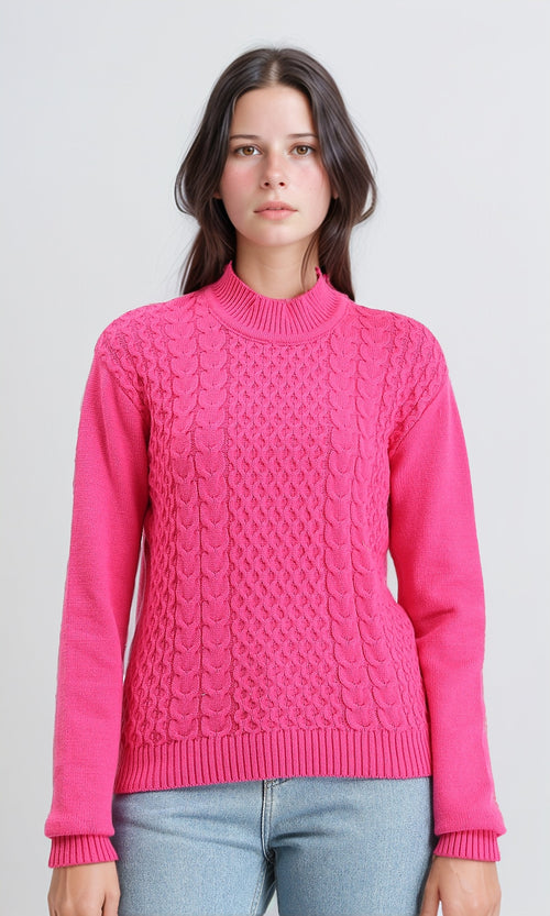 R212636 - Ribbed Mock Neck Knitted Pullover - Fuchsia