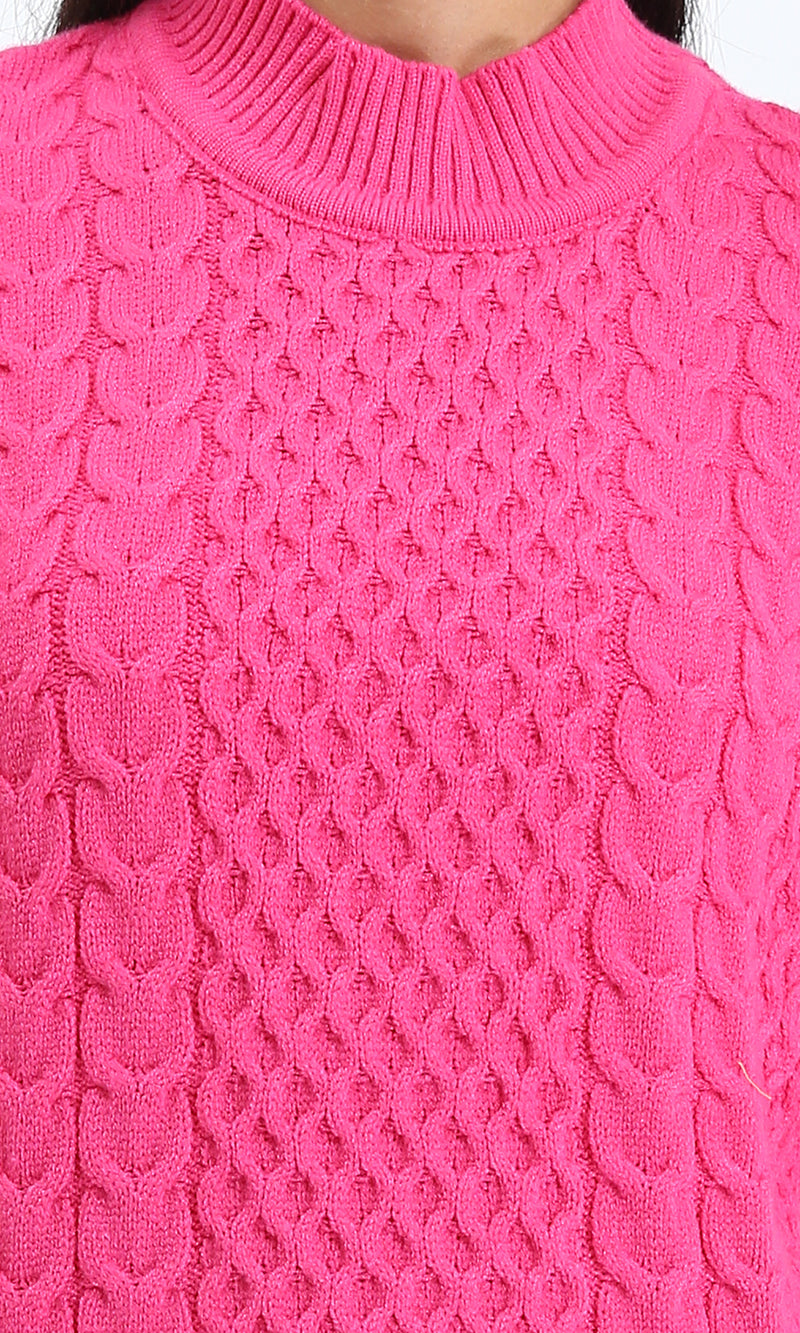 R212636 - Ribbed Mock Neck Knitted Pullover - Fuchsia