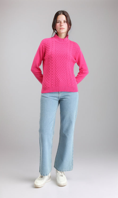 R212636 - Ribbed Mock Neck Knitted Pullover - Fuchsia
