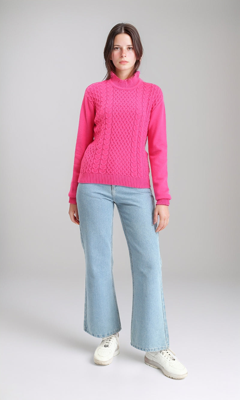 R212636 - Ribbed Mock Neck Knitted Pullover - Fuchsia
