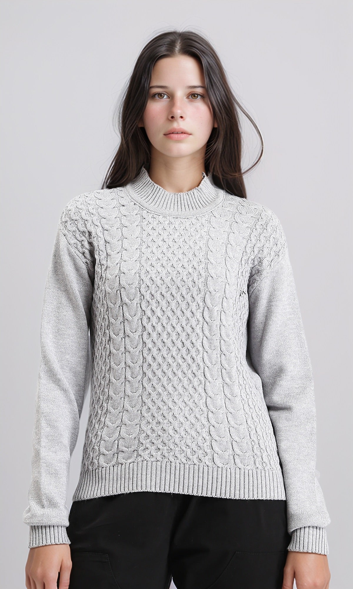 Ribbed Mock Neck Knitted Pullover - Light Grey