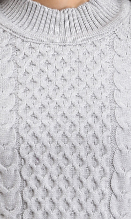 R212637 - Ribbed Mock Neck Knitted Pullover - Light Grey