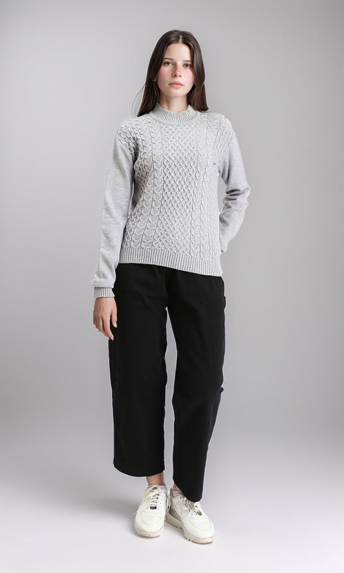 R212637 - Ribbed Mock Neck Knitted Pullover - Light Grey