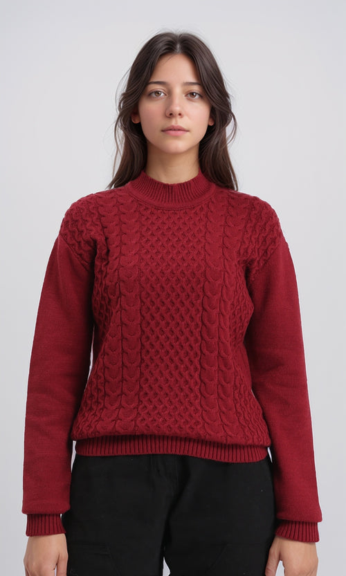 R212638 - Ribbed Mock Neck Knitted Pullover - Burgundy