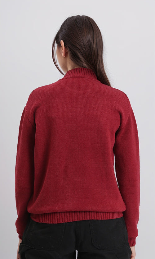 R212638 - Ribbed Mock Neck Knitted Pullover - Burgundy