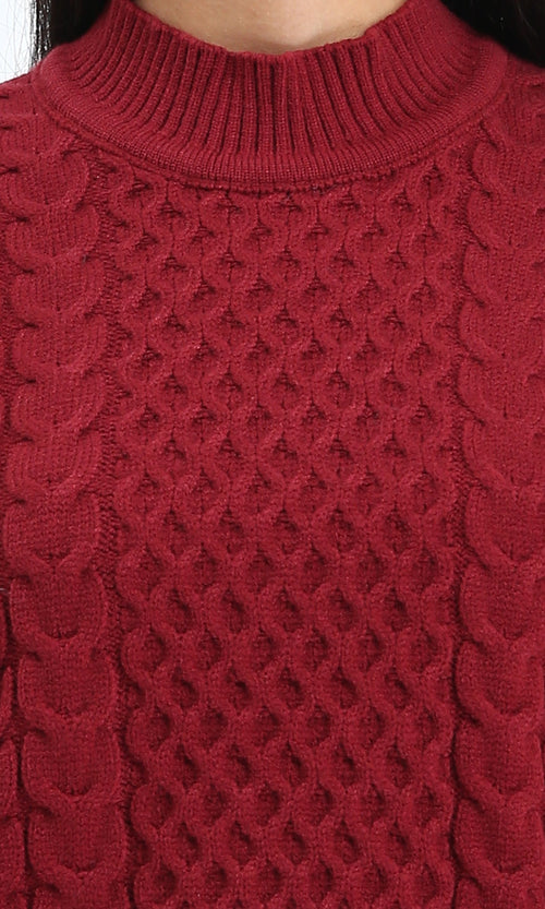 R212638 - Ribbed Mock Neck Knitted Pullover - Burgundy