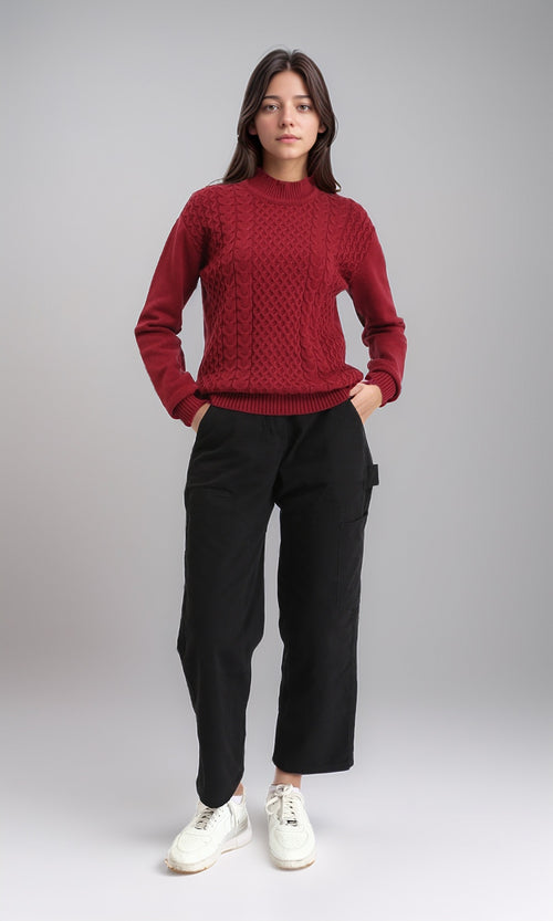R212638 - Ribbed Mock Neck Knitted Pullover - Burgundy