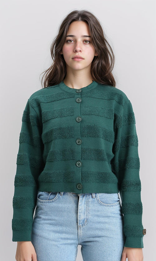 R212639 - Self Striped Buttoned Winter Cardigan - Dark Green