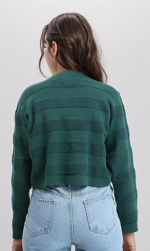 R212639 - Self Striped Buttoned Winter Cardigan - Dark Green