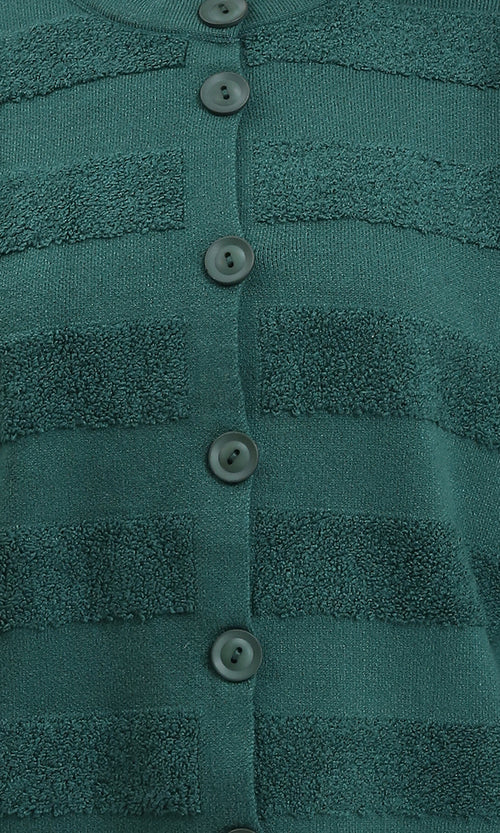 R212639 - Self Striped Buttoned Winter Cardigan - Dark Green