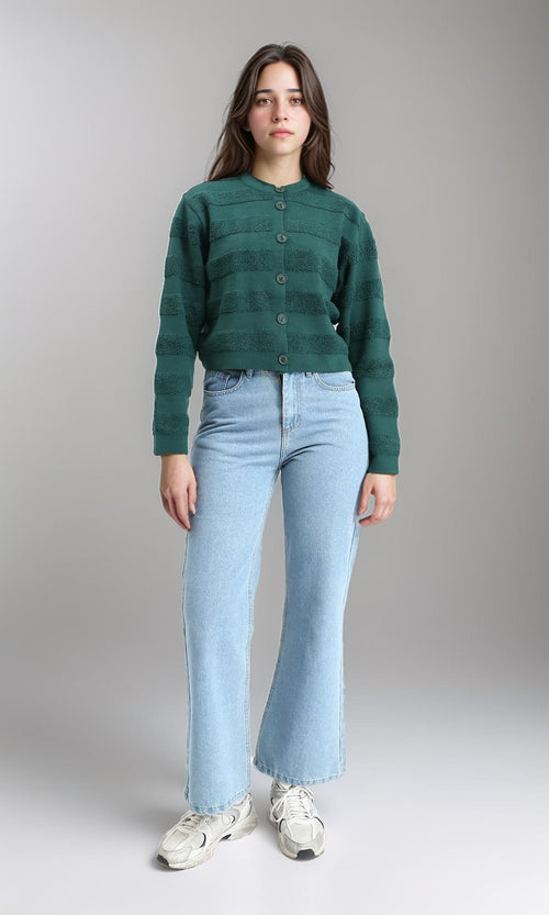 R212639 - Self Striped Buttoned Winter Cardigan - Dark Green