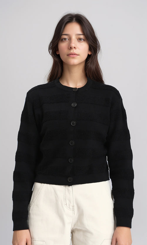 R212640 - Self Striped Buttoned Short Cardigan - Black