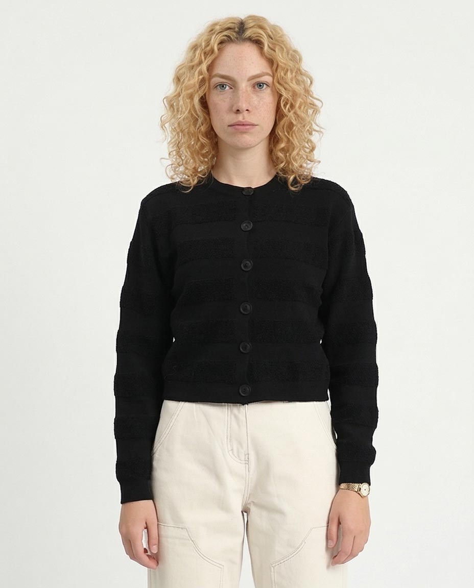 RAVIN Women's Striped Textured Knit Button-Down Cardigan - Black