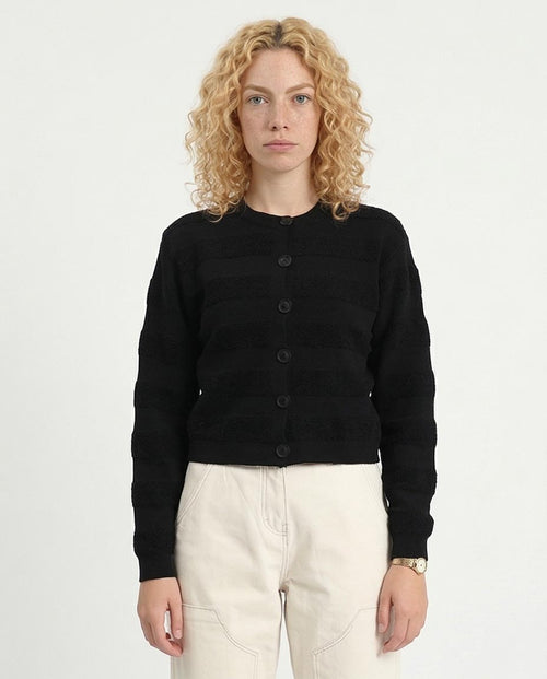 RAVIN Women's Striped Textured Knit Button-Down Cardigan - Black