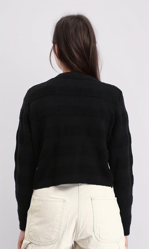 R212640 - Self Striped Buttoned Short Cardigan - Black