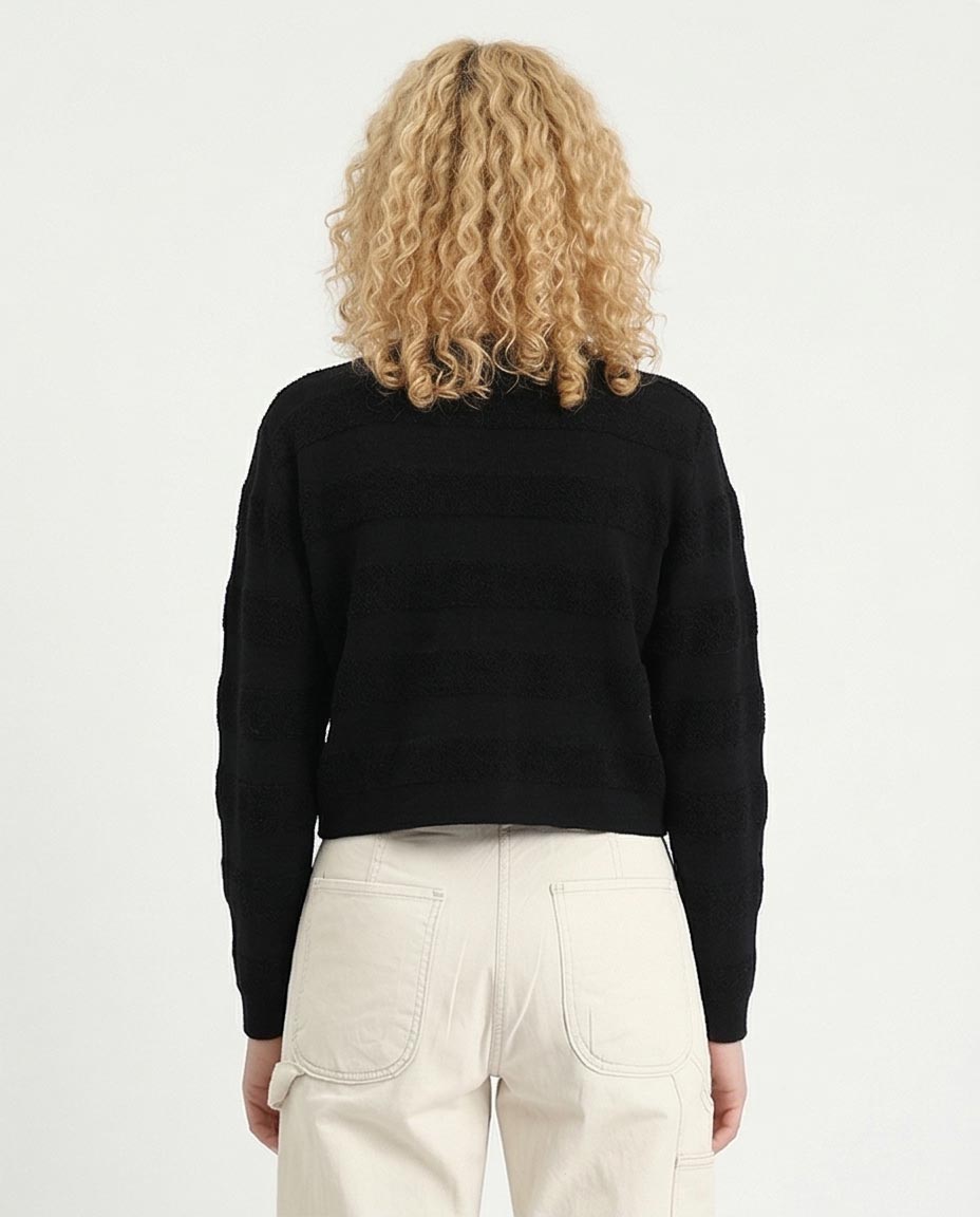 RAVIN Women’s Striped Textured Knit Button-Down Cardigan – Black - R212640