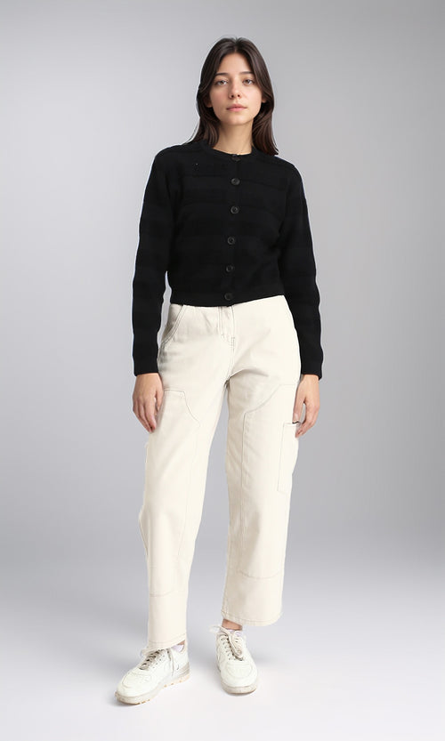 R212640 - Self Striped Buttoned Short Cardigan - Black