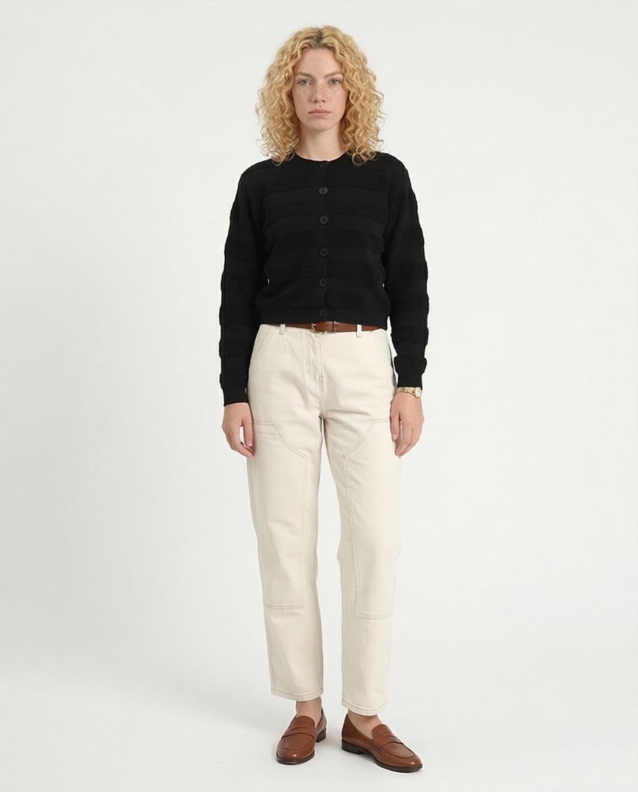 RAVIN Women’s Striped Textured Knit Button-Down Cardigan – Black - R212640