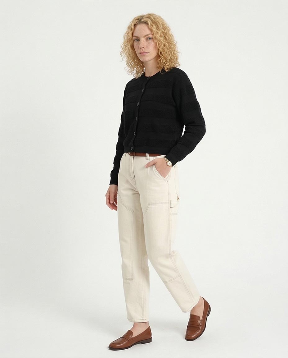 RAVIN Women’s Striped Textured Knit Button-Down Cardigan – Black - R212640