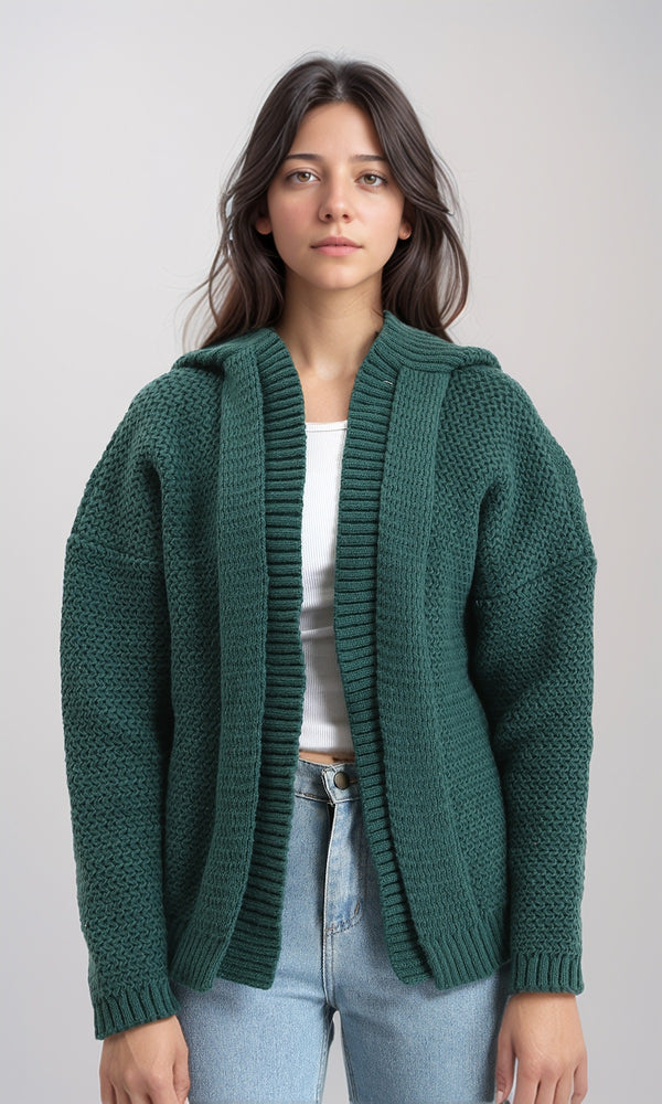 R212641 - Hooded Open Neckline Knitted Cardigan - Dark Green