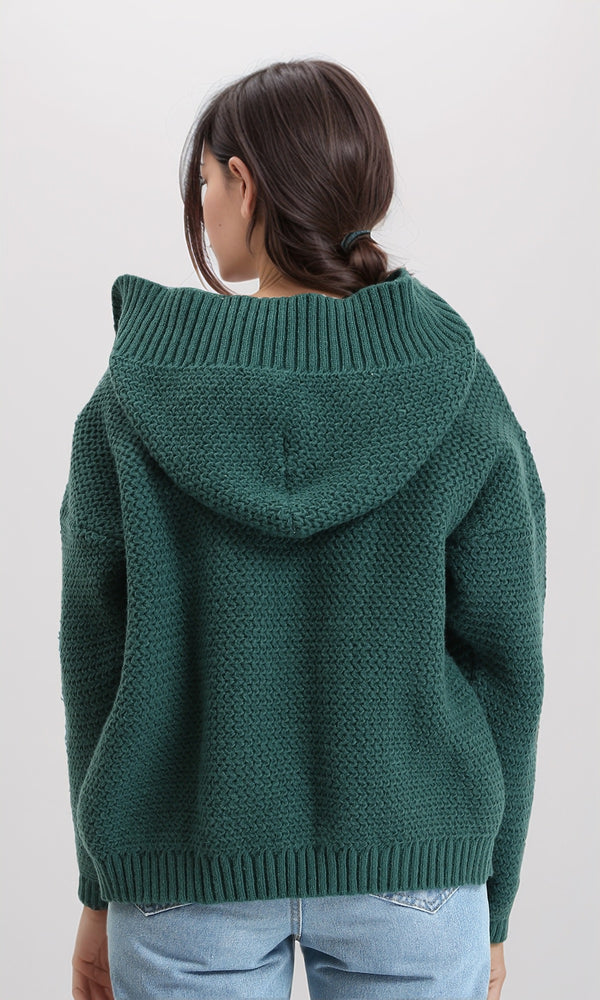 R212641 - Hooded Open Neckline Knitted Cardigan - Dark Green