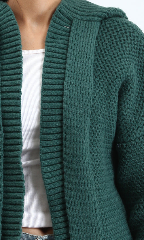 R212641 - Hooded Open Neckline Knitted Cardigan - Dark Green