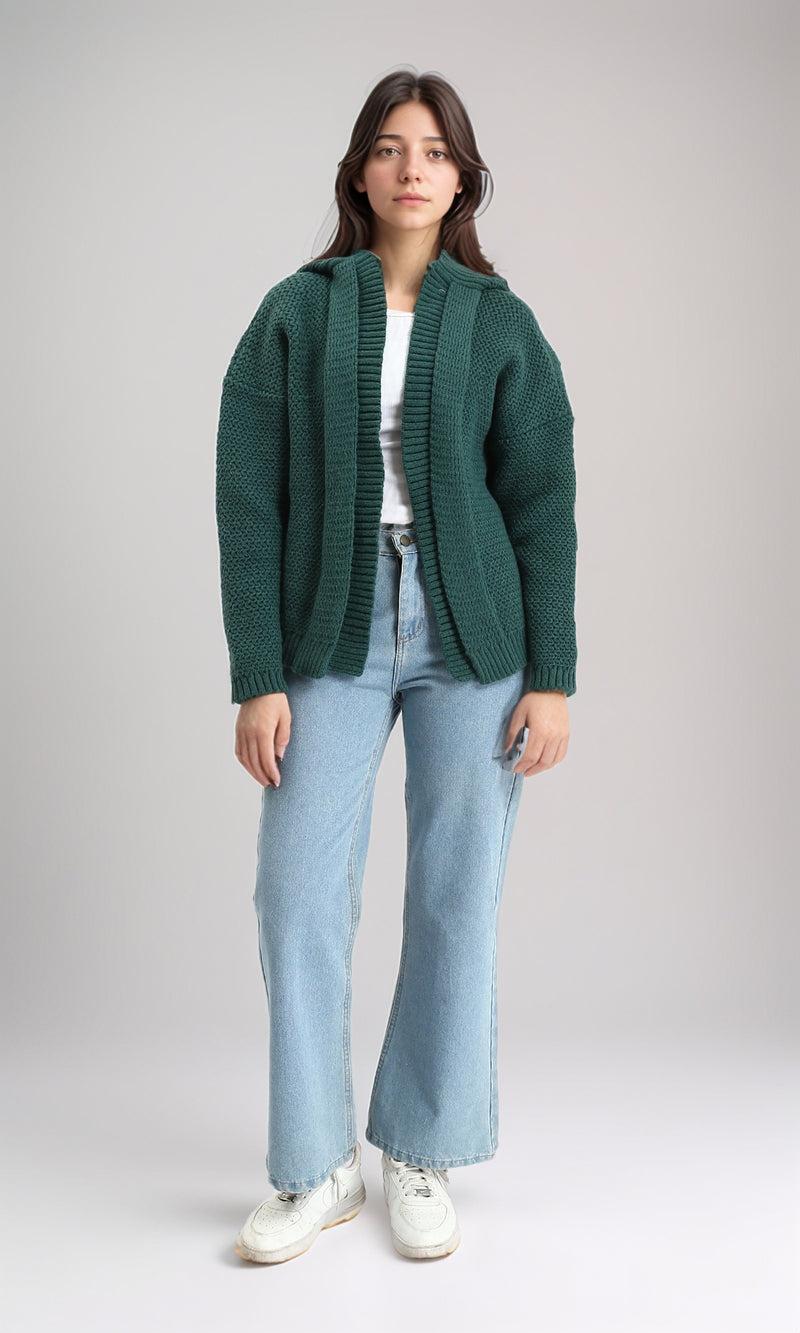 R212641 - Hooded Open Neckline Knitted Cardigan - Dark Green
