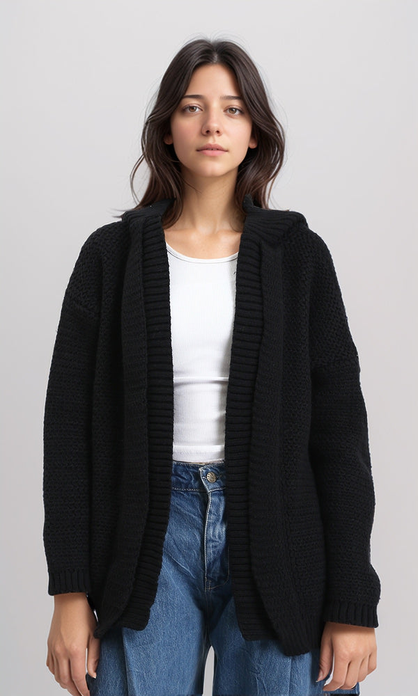 R212642 - Hooded Open Neckline Knitted Cardigan - Black