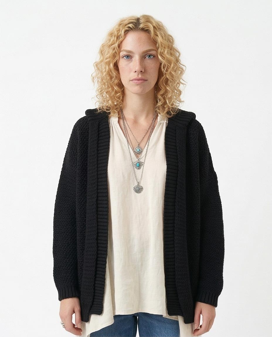 Ravin Oversized Hooded Chunky Knit Cardigan - Black