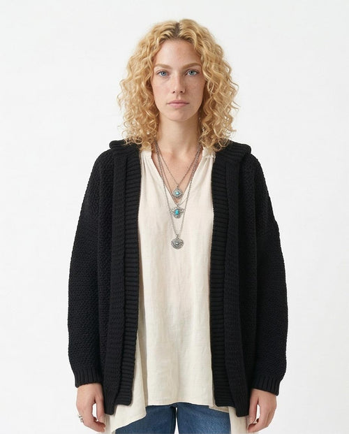 Ravin Oversized Hooded Chunky Knit Cardigan - Black