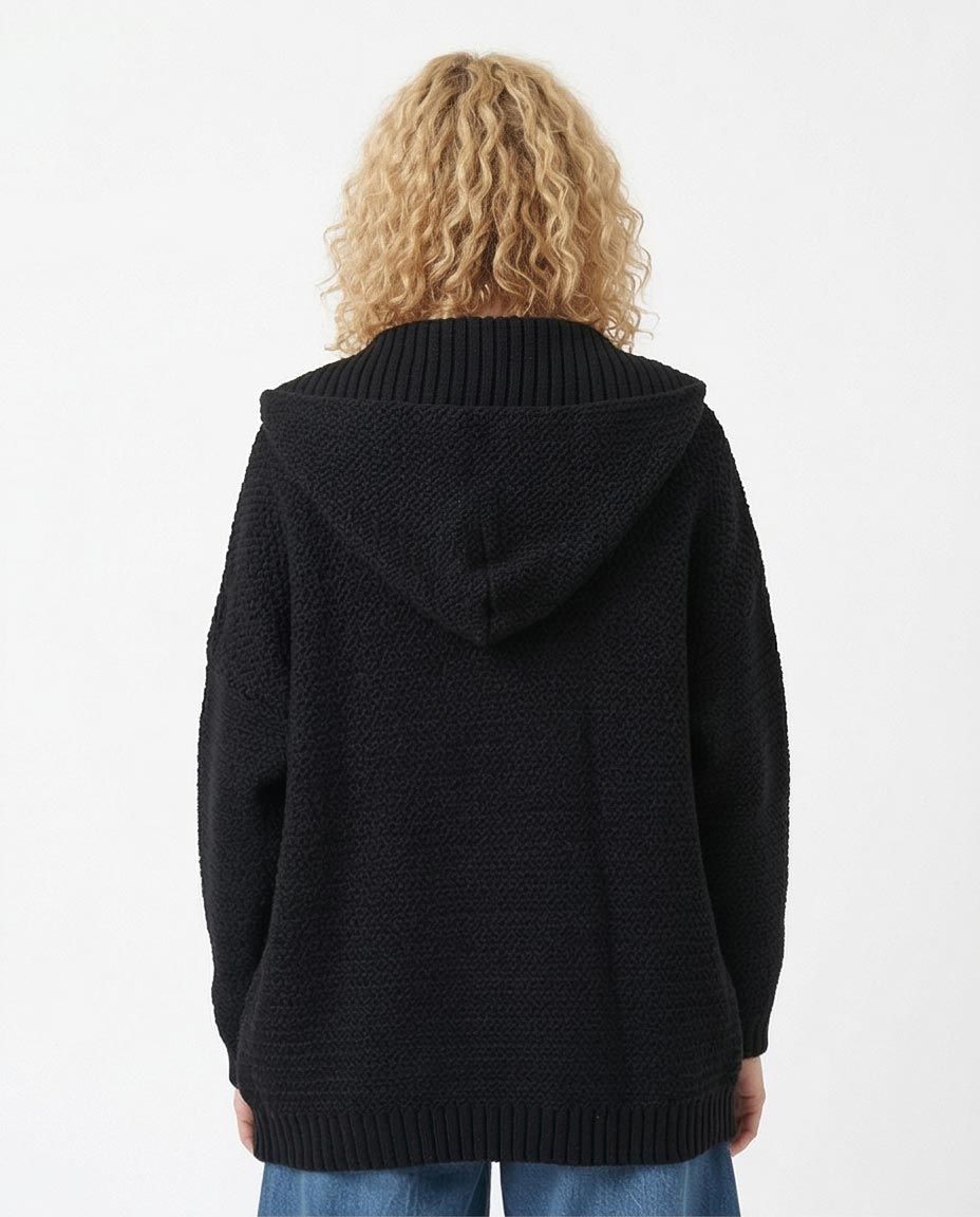 Ravin Oversized Hooded Chunky Knit Cardigan - Black - R212642