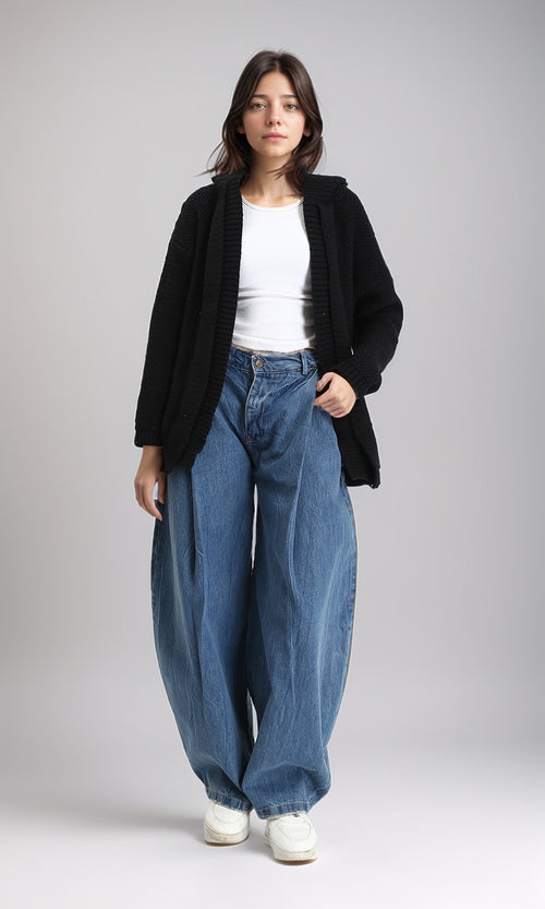 R212642 - Hooded Open Neckline Knitted Cardigan - Black