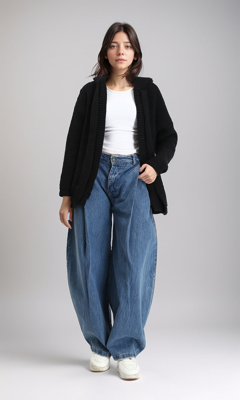 R212642 - Hooded Open Neckline Knitted Cardigan - Black