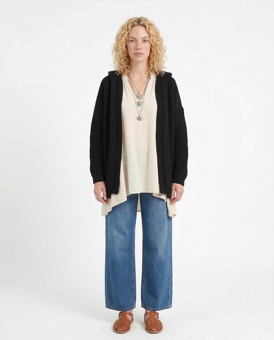 Ravin Oversized Hooded Chunky Knit Cardigan - Black - R212642